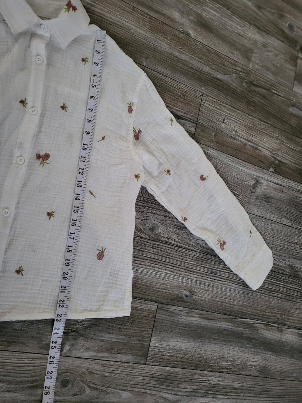 Embroidered White Double Gauze Cotton Button Down Shirt - Picture 3 of 11